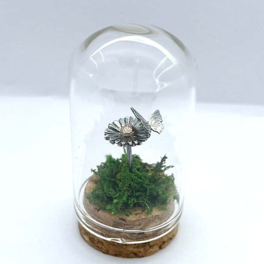 Handmade Curiosity Mini Sterling Silver Daisy And Butterfly 1 Bell Jar Cloche