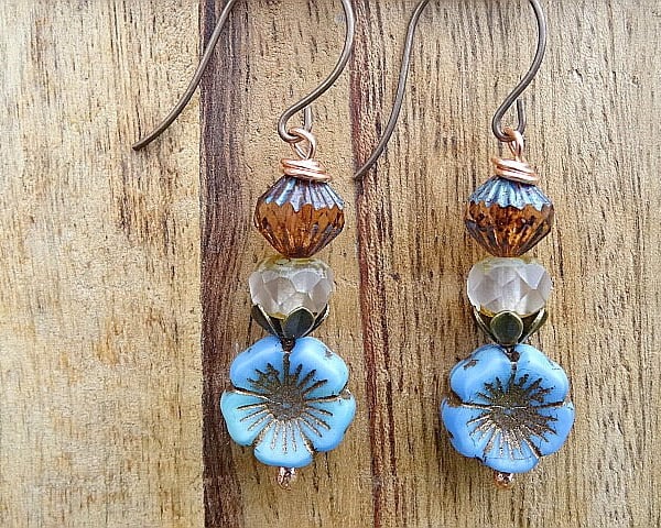 Czech Glass Earrings, Floral Earrings, Pansy Earrings, Blue Earrings, handmade.