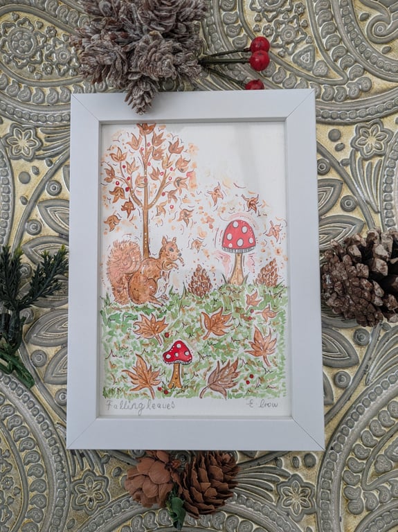Red Squirrel and Toadstool hand-painted original watercolour painting framed 