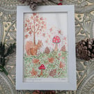Red Squirrel and Toadstool hand-painted original watercolour painting framed 