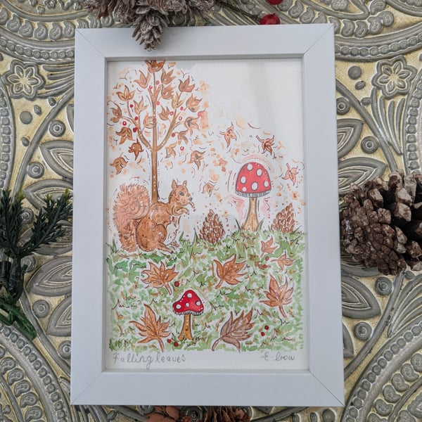 Red Squirrel and Toadstool hand-painted original watercolour painting framed 