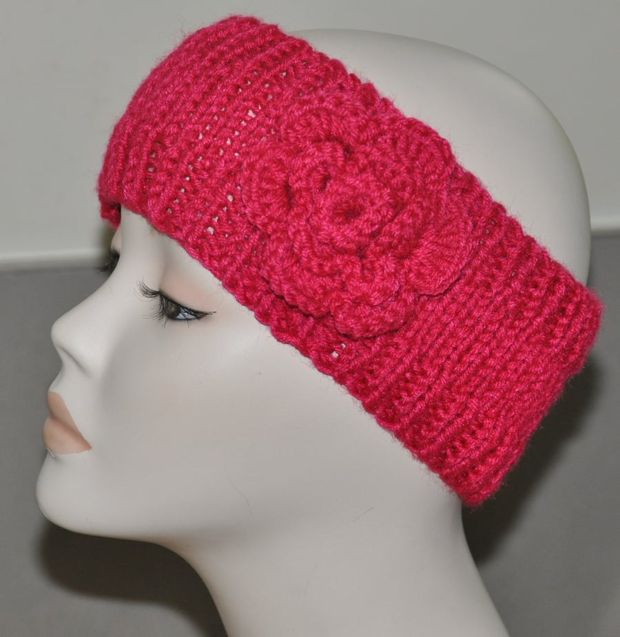 Ladies Hand Knitted Headband Ear Warmer Head Band Crochet Flower Hot Pink