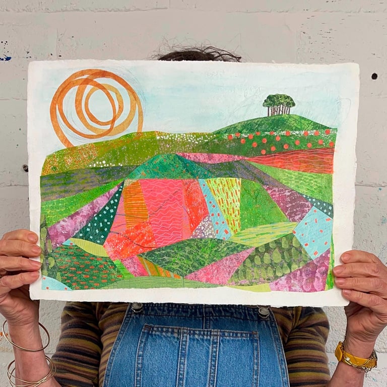 Signed Original Landscape Painting: Abstract Colourful Collage Art