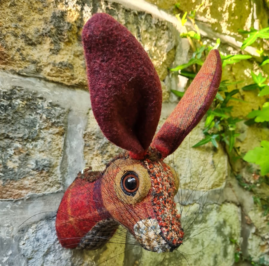 Faux hare head wall mount in Abraham Moon Skye Claret