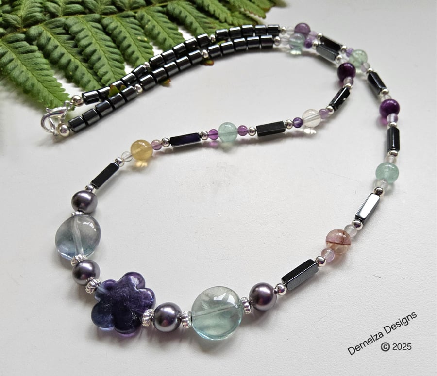 Designer Flourite, Heamotite & Shell Pearl Necklace 
