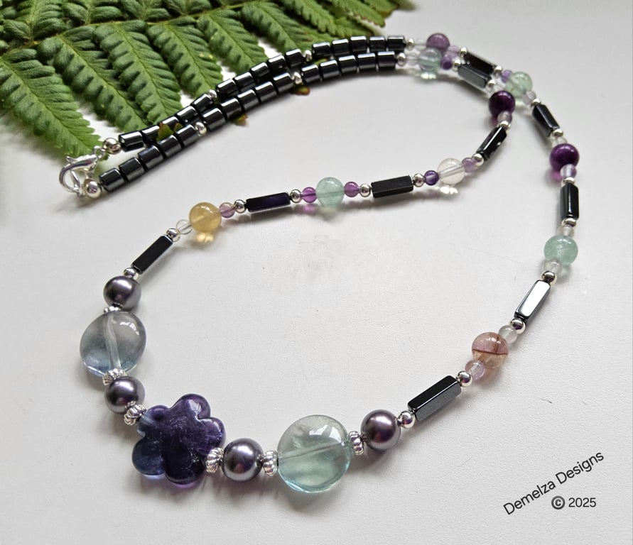Designer Flourite, Heamotite & Shell Pearl Necklace 