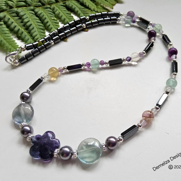 Designer Flourite, Heamotite & Shell Pearl Necklace 