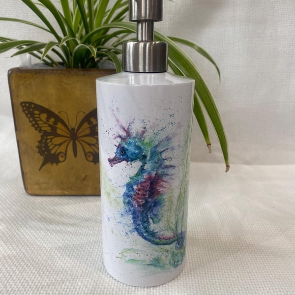 Seahorse Watercolour Design, Liquid Soap Pump Dispenser, by Wildlife Artist Sand