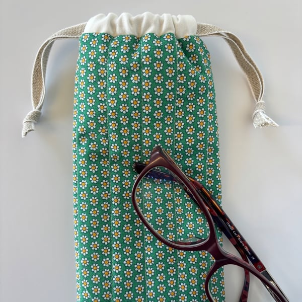 Glasses case, sunglasses pouch, padded, with drawstring,  in green floral cotton