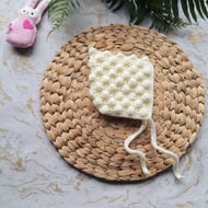 Crochet Bobble Pixie Bonnet, Hat, Baby Hat. Buttermilk Cream 0-6 months