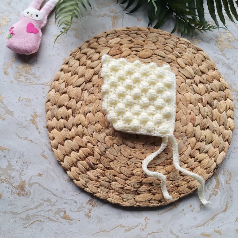 Crochet Bobble Pixie Bonnet, Hat, Baby Hat. Buttermilk Cream 0-6 months