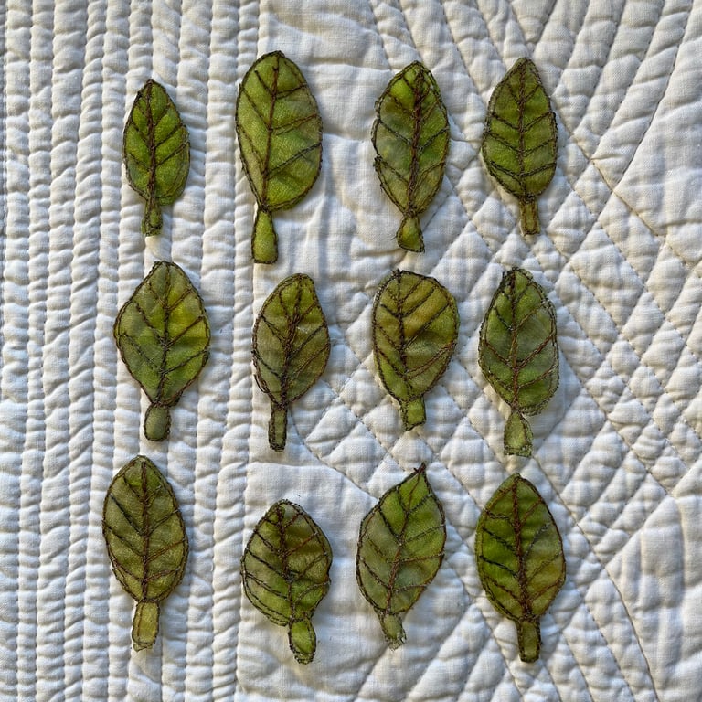 12 Free Motion Embroidered Green Leaf Organza Embellishments Card Making 