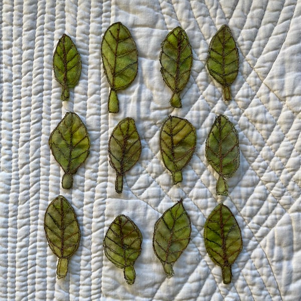12 Free Motion Embroidered Green Leaf  Embellishments Card Making 