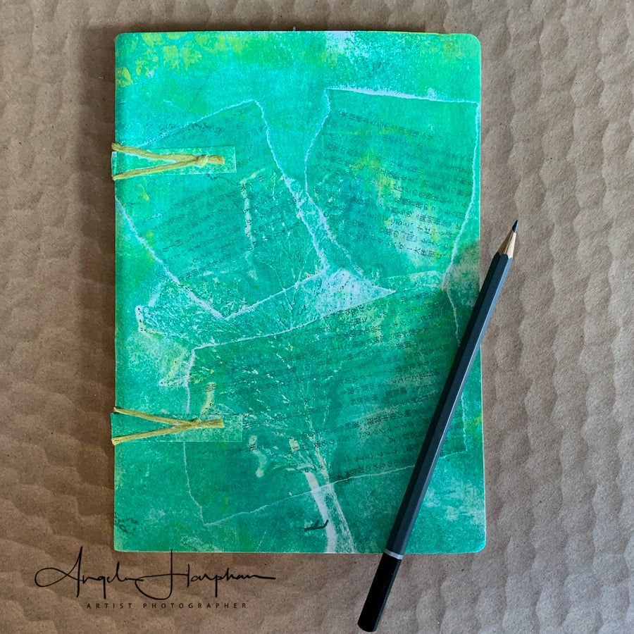 Hand Stitched A5 Green Yellow Eco Sketch Book with Monoprints Collage