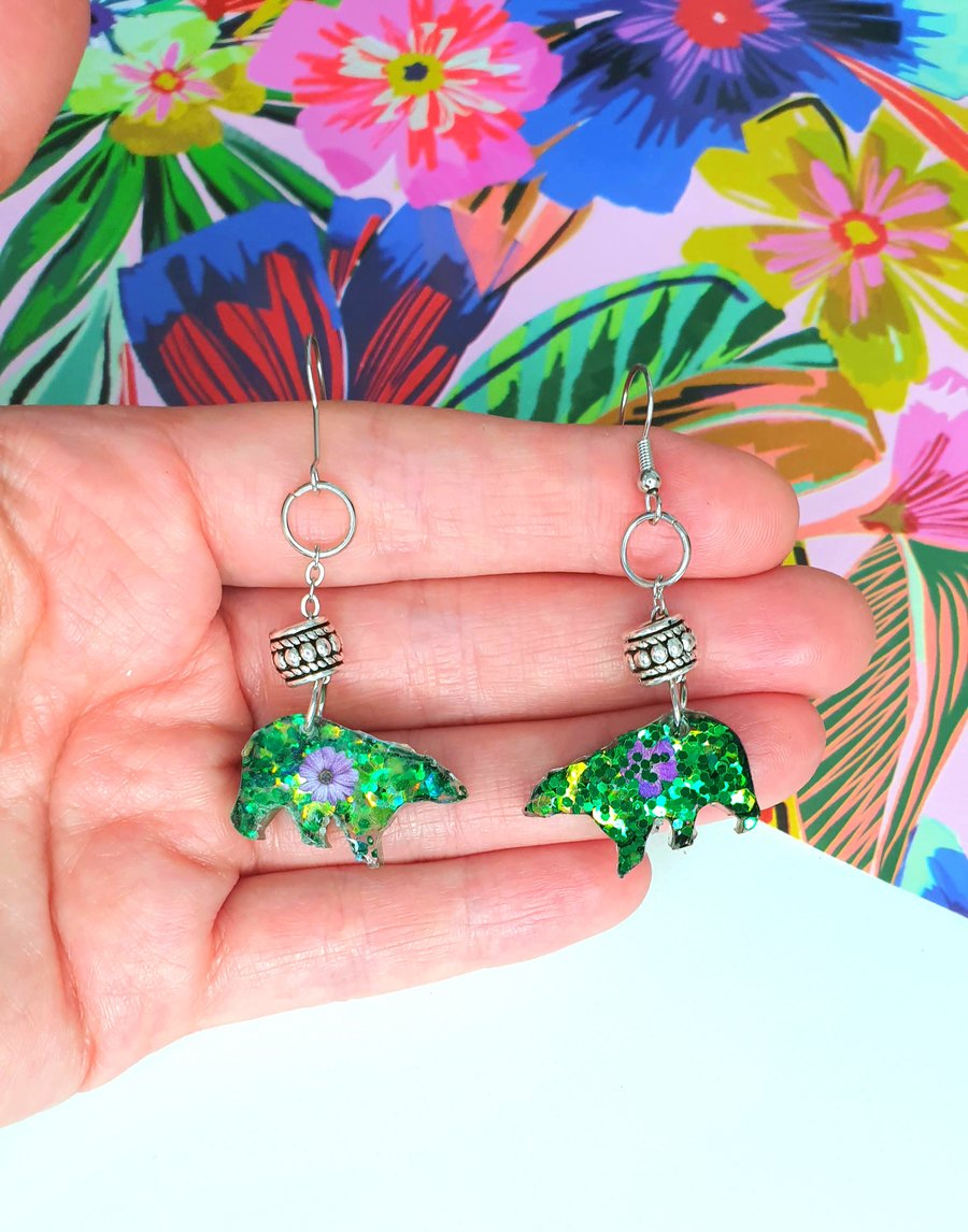 'Little Bears in the Fairy Garden' Sparkly Resin Earrings