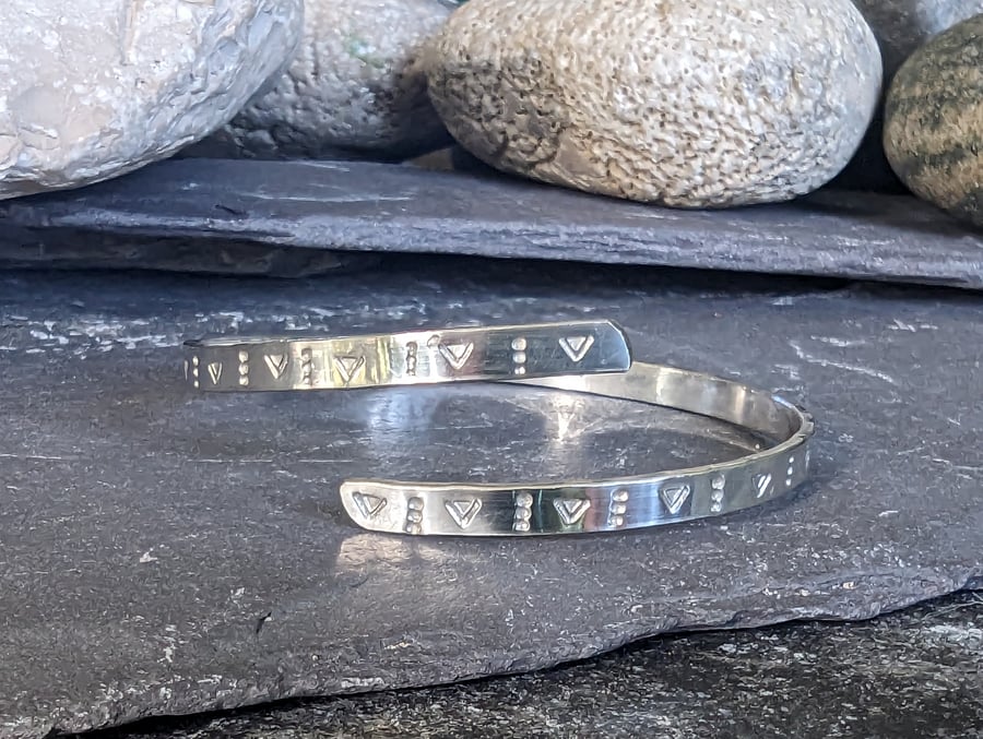 Dot and Triangle Pattern Bangle, Recycled Sterling Silver, Hand Stamped 