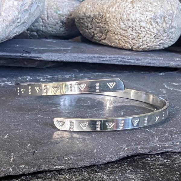Dot and Triangle Pattern Bangle, Recycled Sterling Silver, Hand Stamped 
