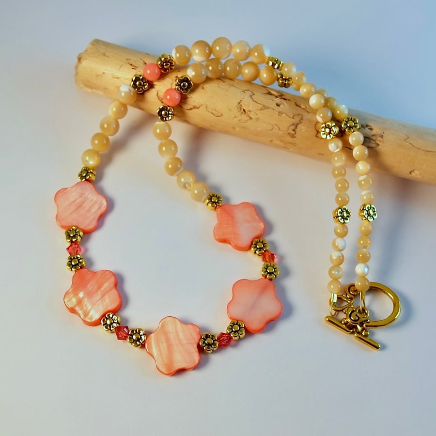 Mother Of Pearl Beaded Flower Necklace, Mothers Day, Anniversary, Valentine Gift