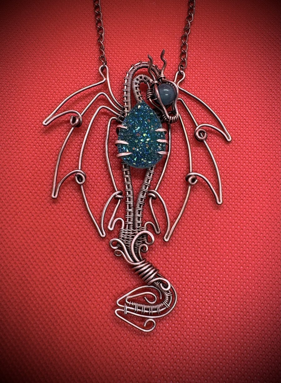 Antique copper and teal blue druzy Dragon