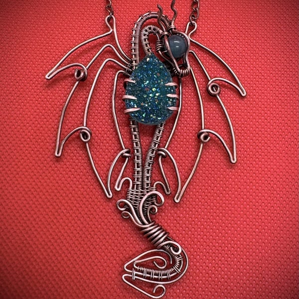 Antique copper and teal blue druzy Dragon