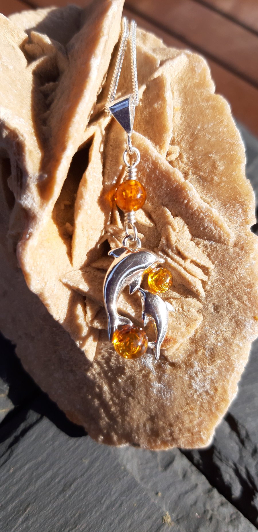 Baltic Amber and Sterling Silver Two Dolphins Necklace