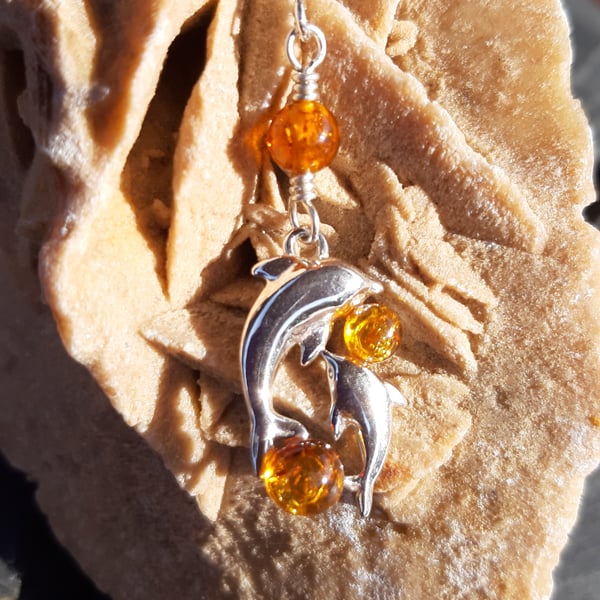 Baltic Amber and Sterling Silver Two Dolphins Necklace