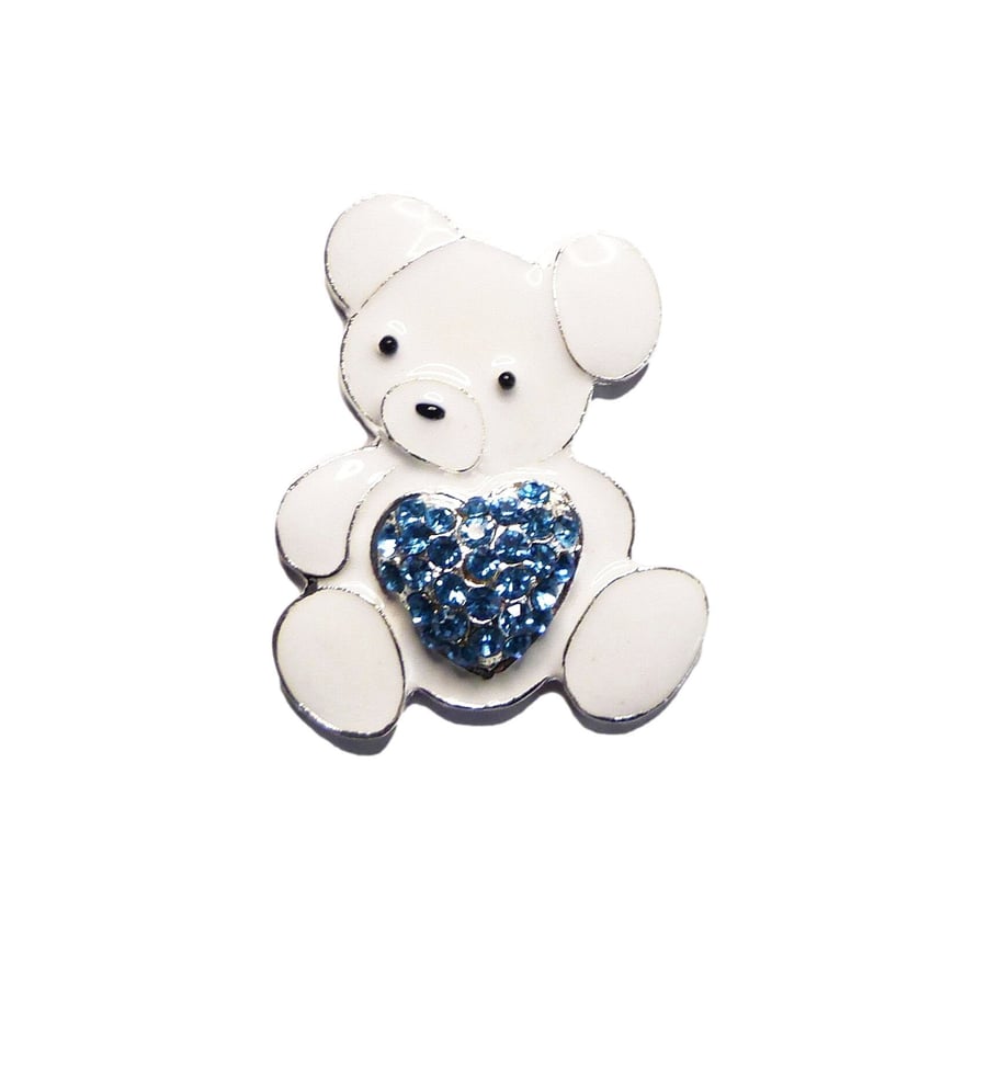 White Enamel Teddy Bear Blue Diamante Crystal Heart Embellishment