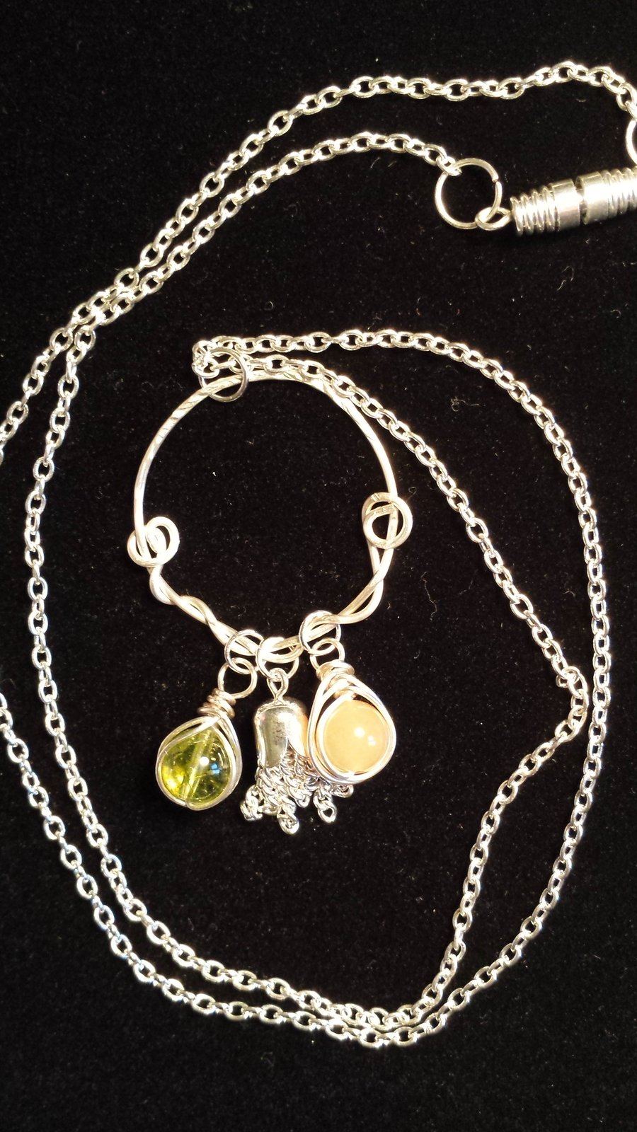 Handcrafted Wire Wrapped Peach Aventurine,Peridot Beads & Tassel Pendant