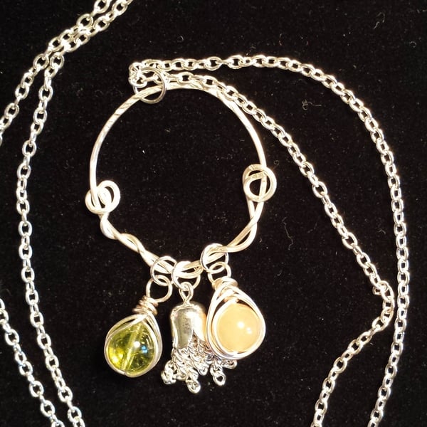 Handcrafted Wire Wrapped Peach Aventurine,Peridot Beads & Tassel Pendant