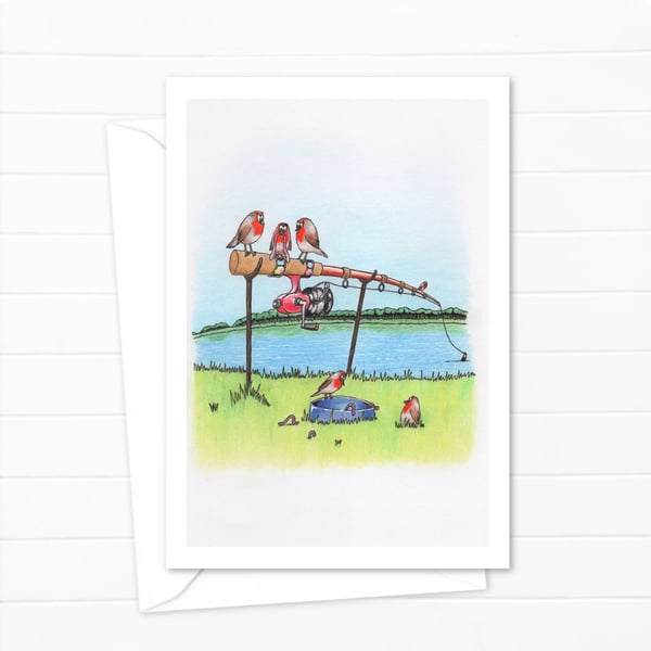 River Bank Greeting Card: Robins on a Fishing Rod Pencil Illustration (212)