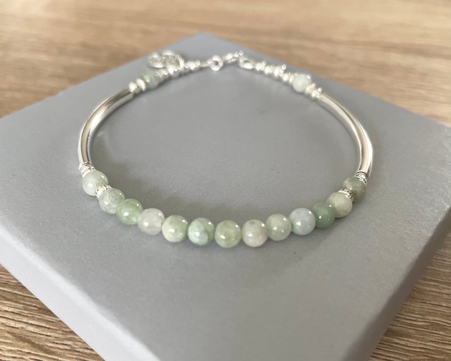 Jadeite Tree of Life Charm Bracelet, Sterling Silver Noodle Gemstone Bracelet