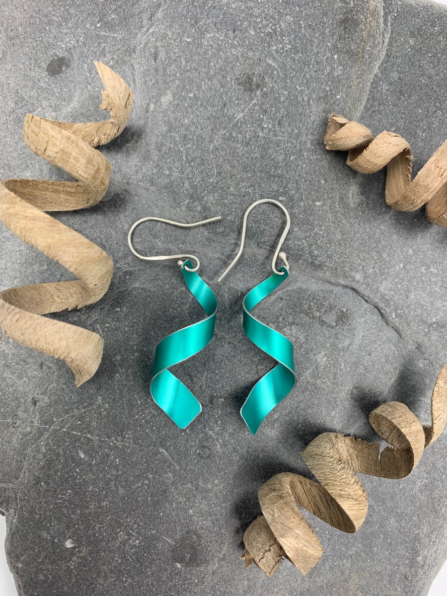 aluminium spiral dangly earrings in teal
