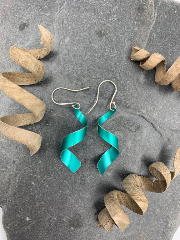 aluminium spiral dangly earrings in teal