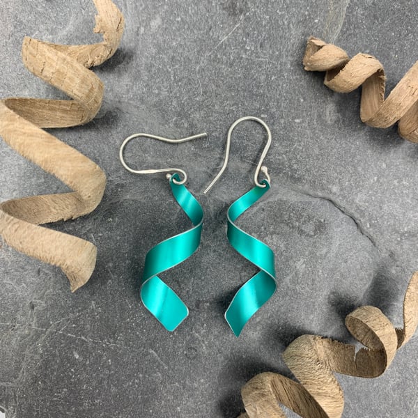 aluminium spiral dangly earrings in teal