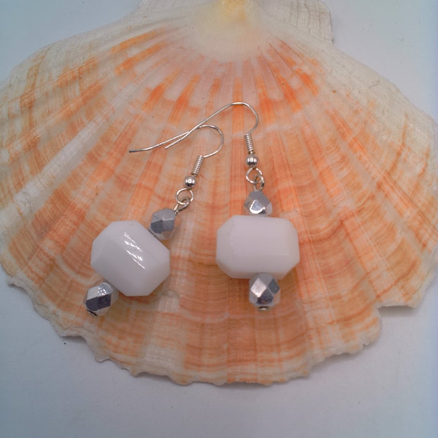 White Hexagonal Glass Bead and Faceted Silver Bead Earrings, White Earrings