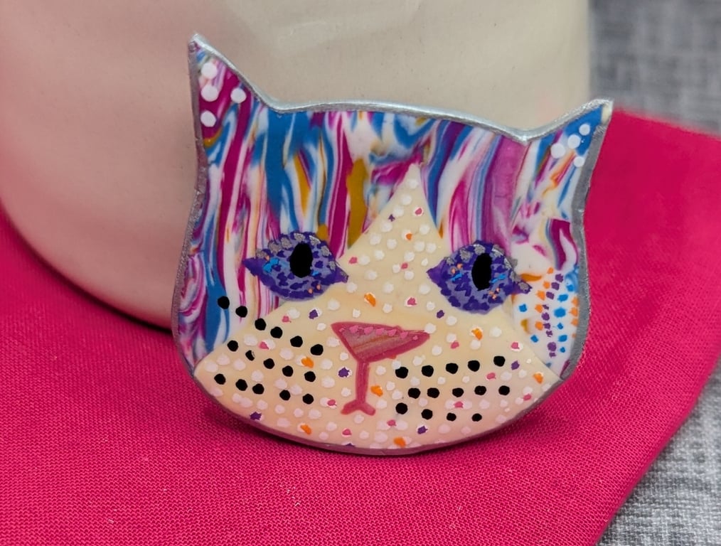Colourful Cat Face Polymer Clay Brooch – Handpainted, One of a Kind