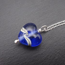 sterling silver chain, blue lampwork glass heart pendant