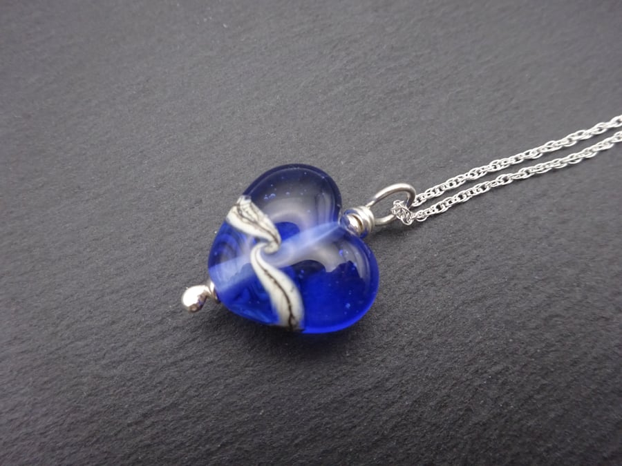 sterling silver chain, blue lampwork glass heart pendant