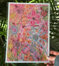 Whimsical Pink Floral A4 Print Detailed Ladybirds Pointillism Artwork 