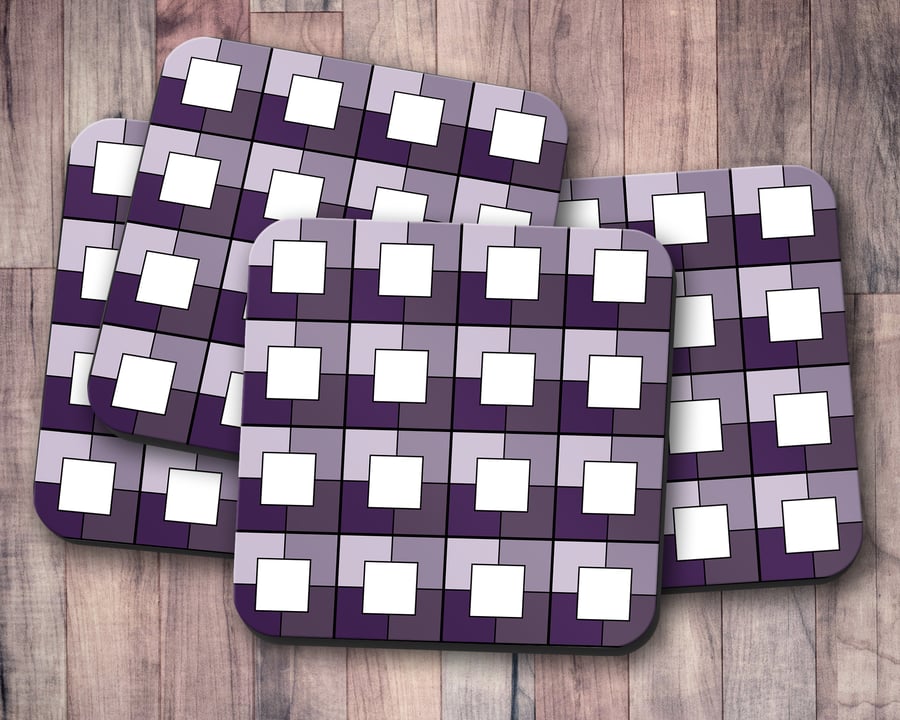 Set of 4 Purple and White Square Geometric Design Coasters