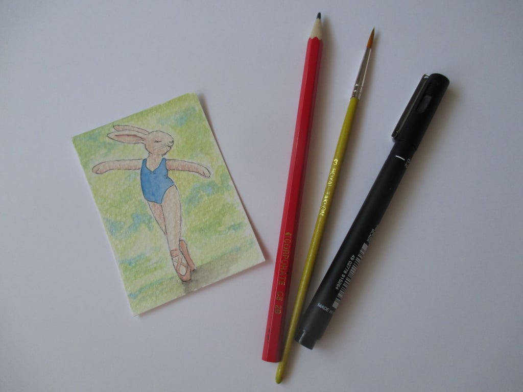 ACEO Bunny Rabbit Ballerina Ballet Dancing Bunny Rabbit Original Painting 011