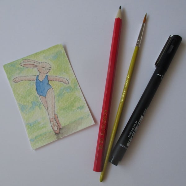 ACEO Bunny Rabbit Ballerina Ballet Dancing Bunny Rabbit Original Painting 011