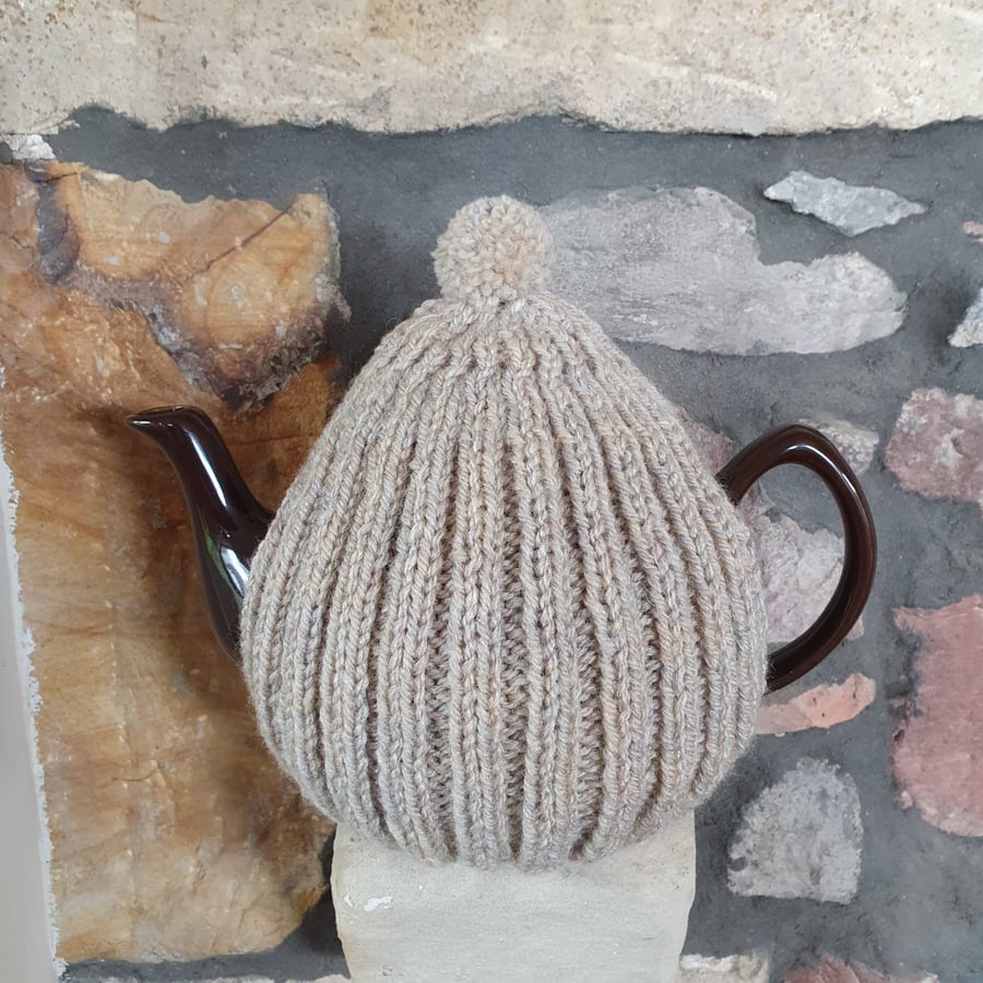 Large Tea Cosy, Brown Betty Compatible, Hand Knitted, Oatmeal