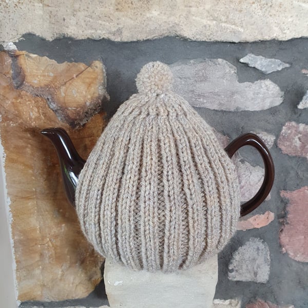 Large Tea Cosy, Brown Betty Compatible, Hand Knitted, Oatmeal
