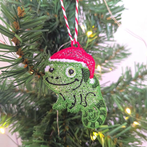 Embroidered hanging Chameleon for the christmas tree, fun playful decoration