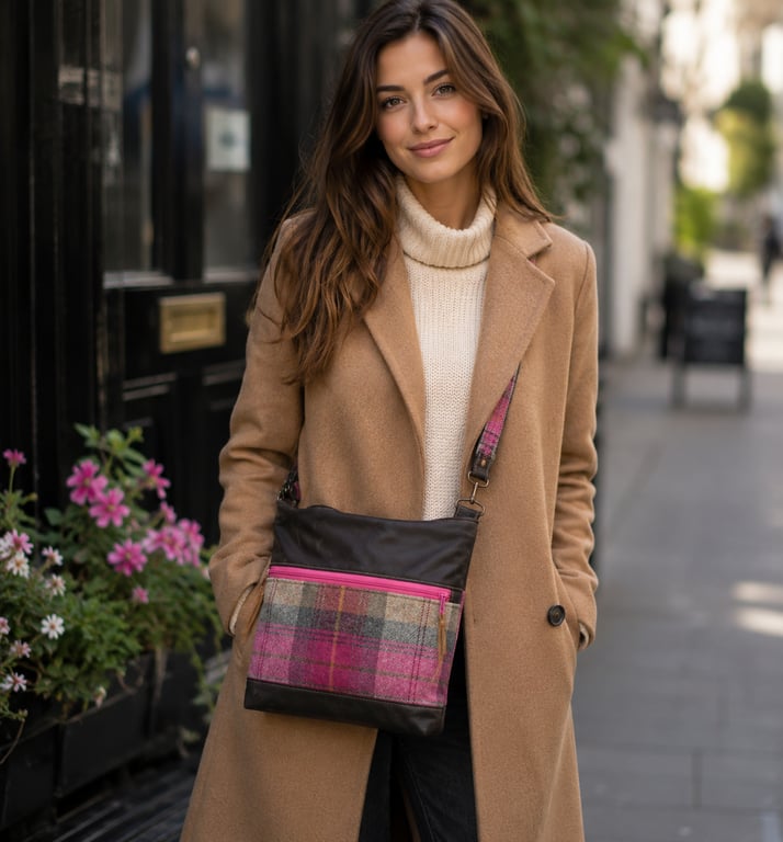 Wax Canvas and wool tweed crossbody bag brown and pink zip top shoulder bag 
