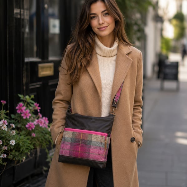 Wax Canvas and wool tweed crossbody bag brown and pink zip top shoulder bag 