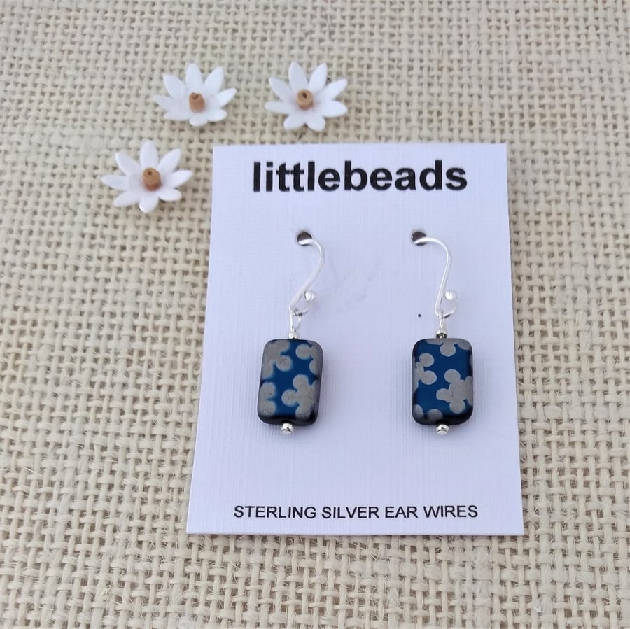 Blue Flower Design Glass Bead Sterling Silver Earrings