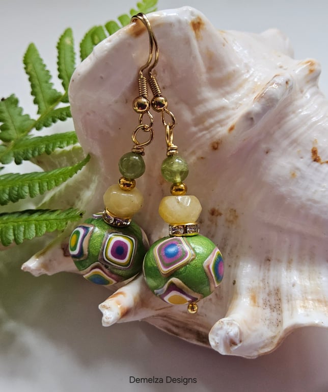 Hand Made Polymer Clay Beads, Yellow Jade & Peridot Gold Plate Earrings
