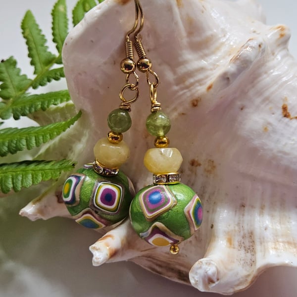 Hand Made Polymer Clay Beads, Yellow Jade & Peridot Gold Plate Earrings